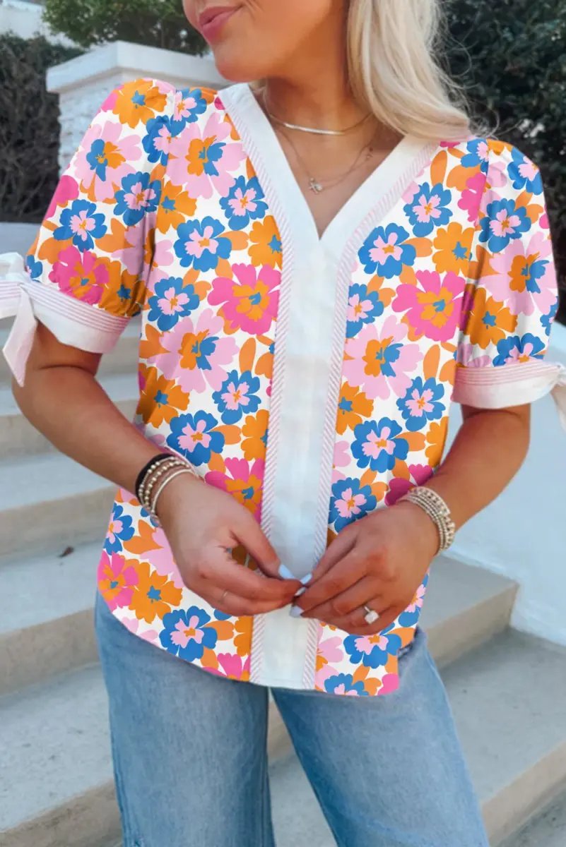 White Floral Colorblock Striped Edge V Neck Knotted Blouse - Love Salve